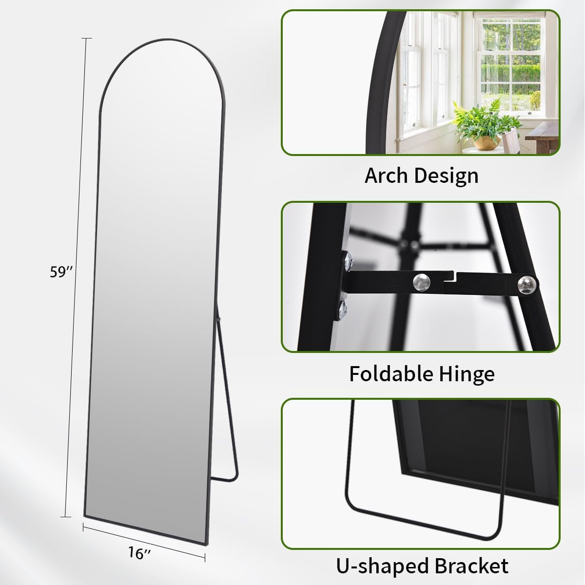 Arch Mirror Full Length, 59"X16" Wall Mirrors, Full Body Floor Mirror Aluminum Alloy Frame, Suitable for Bedroom, Dressing Room, Black